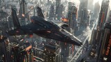 Futuristic Aerial View of a Sprawling Metropolis with Holographic Billboards and Flying Vehicles in a Style