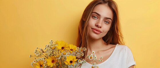 Wall Mural - a woman holding flowers copy space isolated over yellow pastel color background 