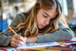 © Boomanoid - A young girl colors a coloring book at school with colored pencils