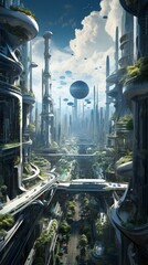 Poster - Generative AI An ultramodern cityscape featuring self-sustaining skyscrapers, flying drones, and an intricate network of transport systems amid a digitally enhanced environment