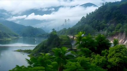 Wall Mural - Scenic shot of hydroelectric dam in lush valley showcasing renewable energy. Concept Renewable Energy, Hydroelectric Power, Lush Valley, Scenic Dam View, Sustainable Development