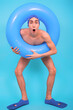 A funny guy who can't swim. A man is going to the pool. Blue background.