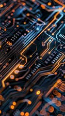 Poster - A close up of a circuit board with orange and blue lines. Concept of complexity and intricacy, as the various lines and shapes come together to form a cohesive whole. The bright colors of the orange