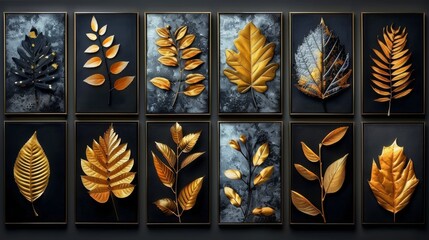 Wall Mural - Wall decoration template set featuring abstract golden line art, tropical foliage, gold foil on dark background. Great for decorative, interior, prints, banners, etc.
