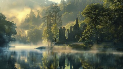 Poster - misty morning on the river