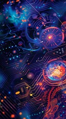 Poster - Detailed view of a computer circuit board showing intricate electronic components, pathways, and connections. The board is a key part of a computer system, responsible for processing data and powering