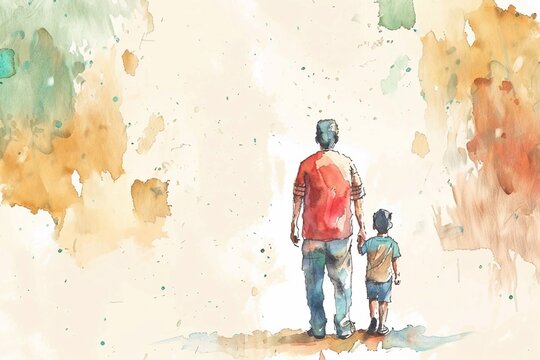 Fathers' Day card with cute watercolor sketch illustration of dad with son standing together, copy space for poster or social media.