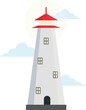 Nautical lighthouse cartoon navigation light tower with clouds vector flat illustration