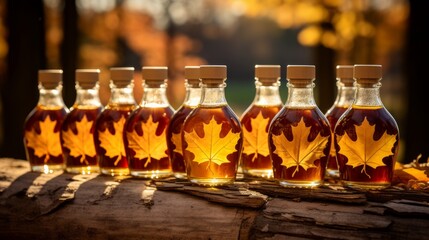 Wall Mural - Generative AI Bottles of pure, golden maple syrup arranged against a rustic maple tree backdrop