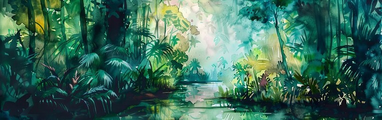 A painting depicting a river flowing through a forest with lush green trees surrounding its banks. The river appears to be the focal point, with its water reflecting the sky above.