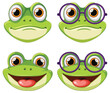 Four cartoon frogs with expressive faces and glasses