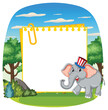 Cartoon elephant beside a blank notepad in nature