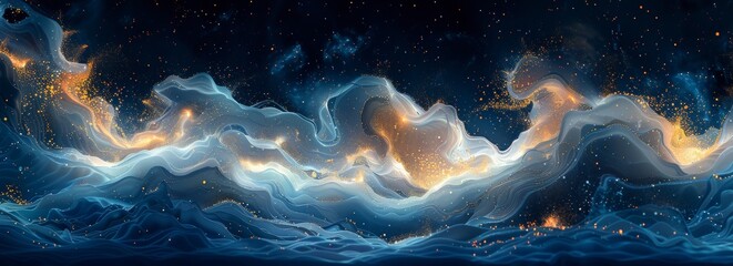 Poster - A long blue wave with orange and yellow streaks. The waves are illuminated by a bright light. Concept of movement and energy, as if the waves are dancing in the sky