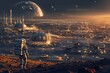 Futuristic Cityscape with Giant Planetary Rings