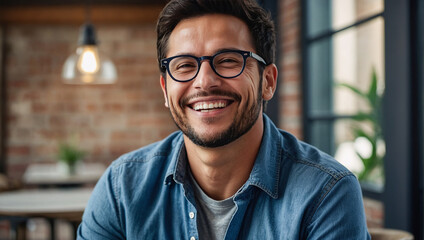 Wall Mural - Portrait of a happy smiling young man wearing glasses