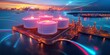 The photo shows an oil refinery at night. The lights of the refinery are reflected in the water, creating a beautiful scene.
