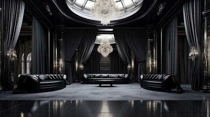 Poster - AI generated illustration of a luxurious living room with elegant curtains and black sofas