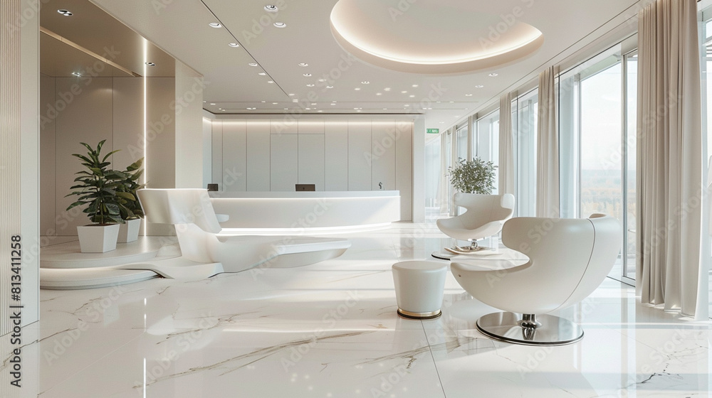 AI generated illustration of a bright white room with large windows and ...