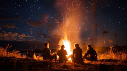 A group of individuals seated around a fire pit in the darkness of night. They are engaged in conversation, with the flames casting a warm glow on their faces.