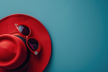 Wall Mural - red hat and glasses on blue background happy father day concept