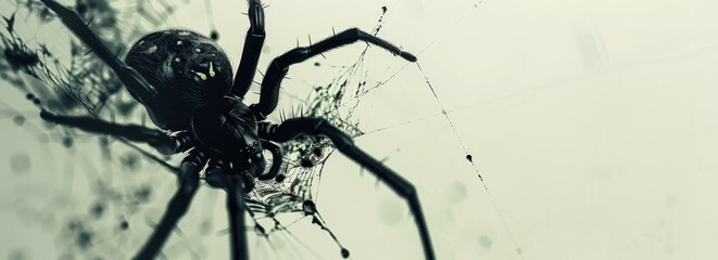 A spider is crawling on a web. The spider is black and has a web around it