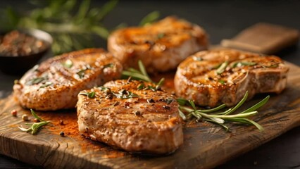 Wall Mural - Flavorful pork chops with aromatic spices displayed on a rustic wooden board. Concept Food Photography, Pork Chop Recipe, Aromatic Spices, Rustic Presentation, Flavorful Dish