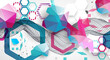 Abstract wave with colorful hexagons and plexus effect. Scientific and technological background. Vector.
