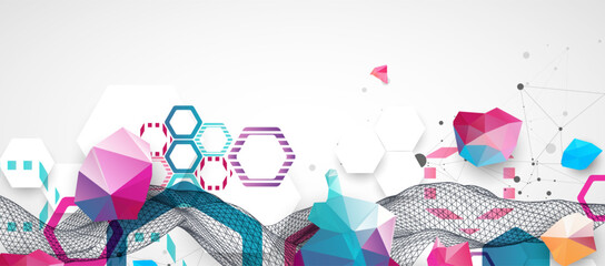 Wall Mural - abstract wave with colorful hexagons and plexus effect. scientific and technological background. vec