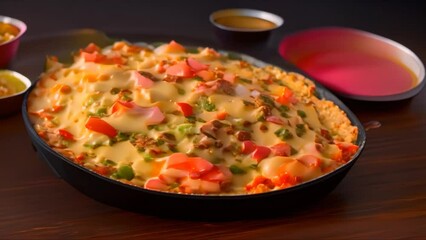Wall Mural - Cheese Skillet with Chorizo and Pico de Gallo. Concept Mexican Cuisine, Cast Iron Skillet, Spicy Sausage, Fresh Salsa, Comfort Food