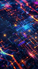 Poster - A computer circuit board is depicted with vibrant and colorful lights shining on various components. The intricate design illustrates the interconnected nature of technology and data processing.
