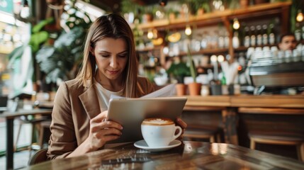 Poster - A businesswoman is seated at a table, focused on the tablet in front of her. She appears to be engrossed in the content displayed on the device, possibly working or researching. The table is neatly ar