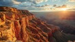 Generative AI conic canyon rims, drone's altitude, sun setting, rugged terrain, high-definition sunset tableau in the Grand Canyon