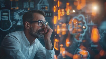 Poster - A man wearing glasses is looking at a computer screen with a lot of numbers and symbols. He is deep in thought, possibly trying to solve a problem or understand some complex data