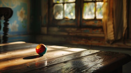 Wall Mural - A small ball is sitting on a wooden table in a room with a blue wall