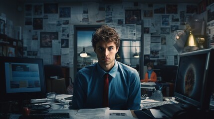Poster - Generative AI Portrait of a journalist on the phone, gathering information, multitasking, newsroom environment in the backdrop