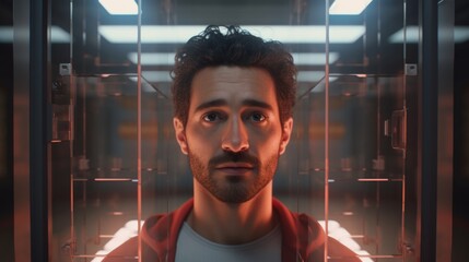 Poster - Generative AI Portrait of a smiling veterinarian in scrubs, surrounded by various pet cages in a clinic, caring demeanor