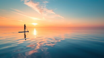 This is a beautiful image of a woman stand up paddle boarding at sunset. The warm colors of the sky and the water create a peaceful and serene scene.