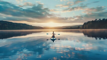 Sticker - A young woman paddles a blue paddleboard across a misty lake at sunrise. She is wearing a life jacket and is surrounded by trees and mountains.