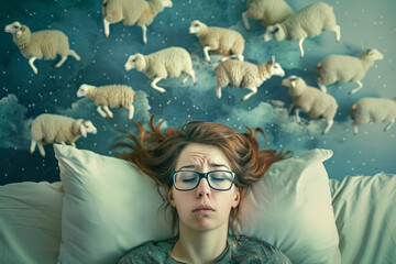 woman with insomnia lies on a pillow and counting sheep in her head