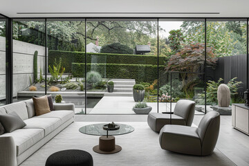 Minimalist living room with a glass wall overlooking a minimalist garden, blending indoor and outdoor spaces.