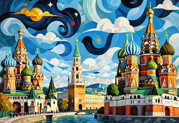 Colorful abstract painting of Russian architecture with domes and towers under a vibrant sky