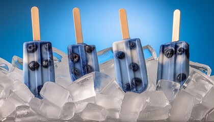 Wall Mural - Background with popsicles. Berry popsicles on blue pastel background. Summer dessert.