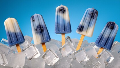 Wall Mural - Background with popsicles. Berry popsicles on blue pastel background. Summer dessert.