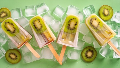 Wall Mural - Juicy popsicles as summer refreshment. Green background with popsicles, flat lay, top view.