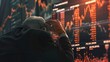 Stressed senior investor pensioner in panic at digital stock market financial crisis. Bear Market Panicking retired man watching crashing stocks plunging slumping bearish recession