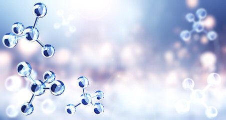 Wall Mural - horizontal banner with model of abstract molecular structure. background of blue color with glass at