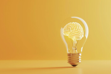 Wall Mural - A conceptual 3D light bulb with a visible brain structure inside, casting a soft shadow on a pastel yellow background, representing creativity 