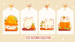 Calm autumn season. Set of cute tag in retro style with little kitty. Collection of vintage label with tiny baby cat and autumn leaves. Vector illustration EPS8