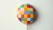 A lollipop sticker with a argyle pattern, isolated on a white background. Sharp focus, high detail, crisp edges, 8k resolution.