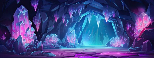 Mine cave with crystal treasure. Inside view. Cartoon illustration.